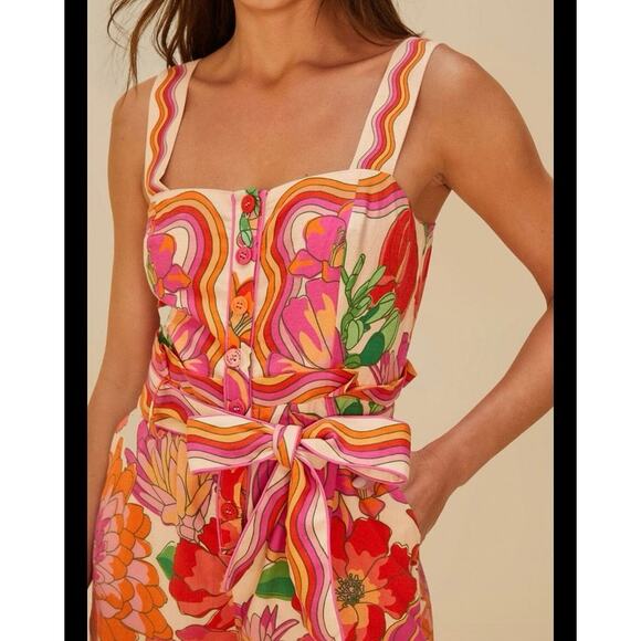 FARM Rio Pants - Farm Rio Spring Affair Romper Playsuit Linen Blend Size Small Playsuit Colorful